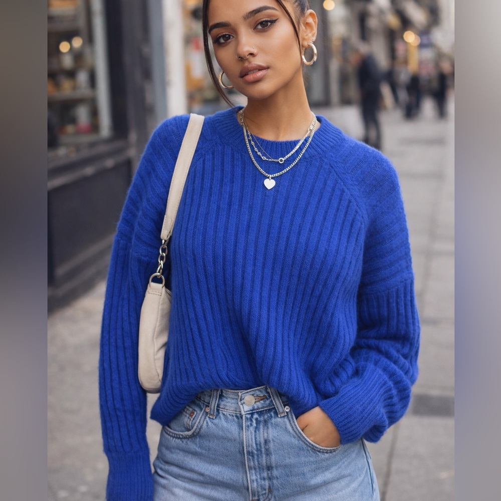 Cobalt Blue Ribbed Knit Sweater Size L